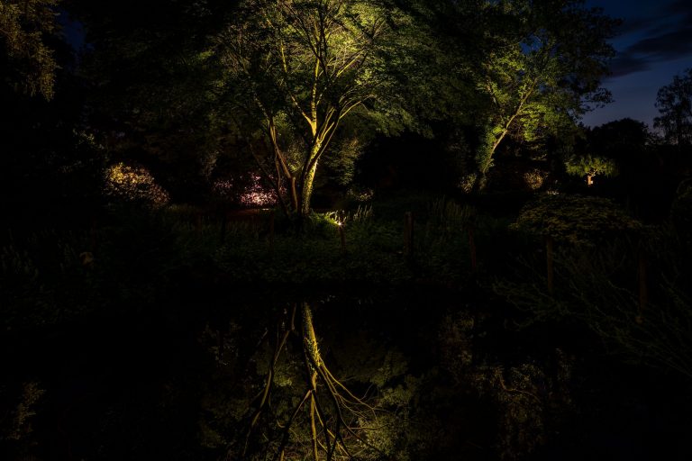 lichtkunstenaar schilderen met buitenverlichting levend kunstwerk tuin in de avond